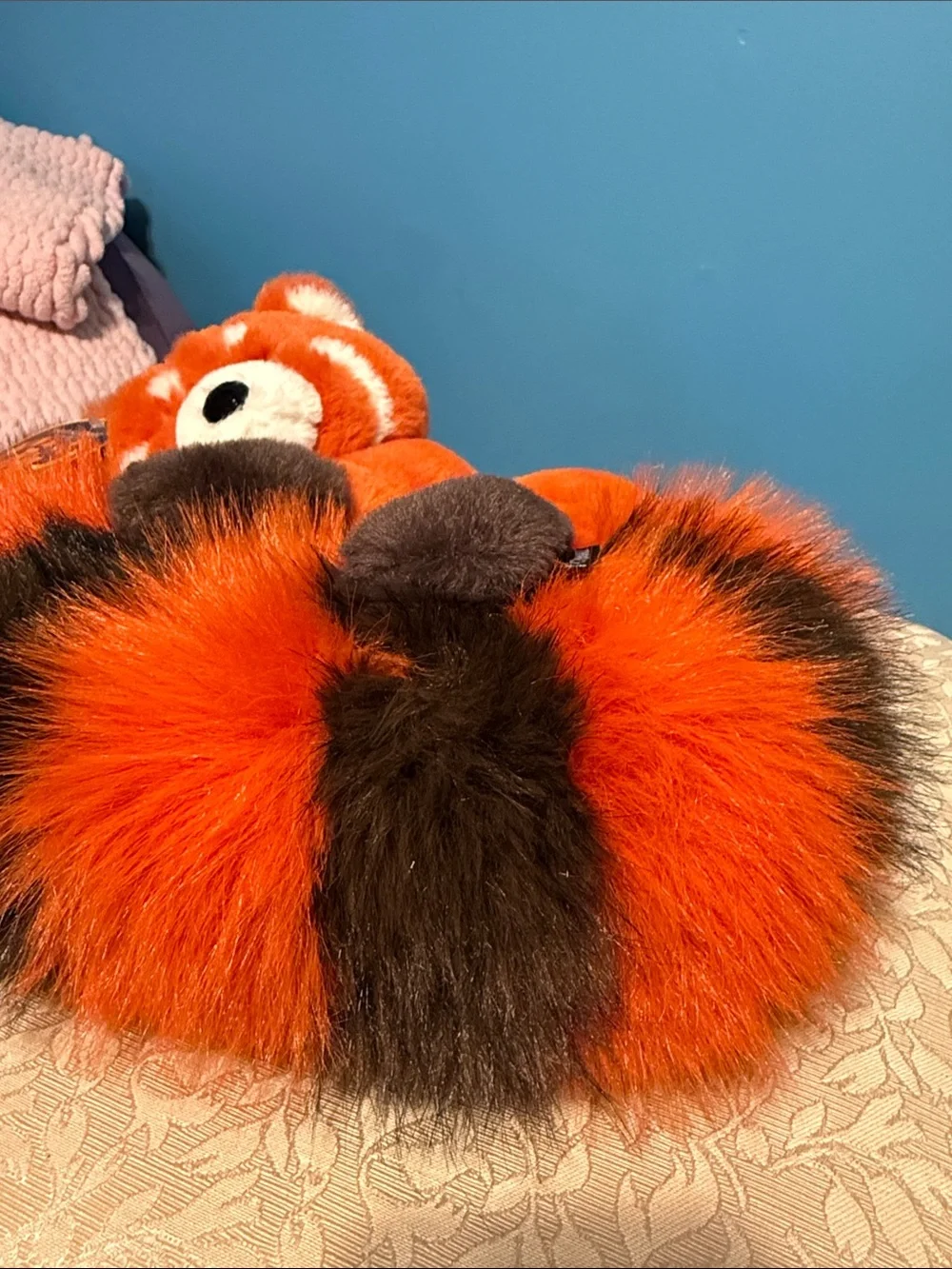 BNWT FAO Schwarz Orange and Black Sleeping Red Panda Plush.